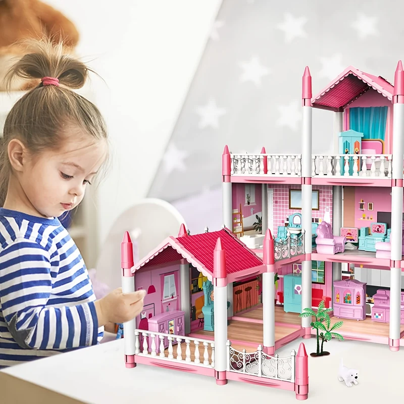 Casa delle bambole per bambini, 3 piani, 9 stanze, rosa, giochi di finzione fai-da-te per costruire set di giocattoli assemblati, accessori e mobili per la casa dei giocattoli, regali di compleanno, Halloween/Giorno del Ringraziamento/Regalo di Natale