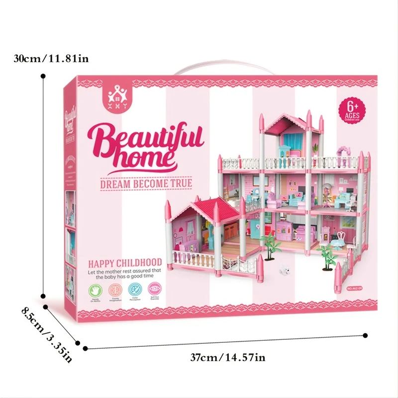 Casa delle bambole per bambini, 3 piani, 9 stanze, rosa, giochi di finzione fai-da-te per costruire set di giocattoli assemblati, accessori e mobili per la casa dei giocattoli, regali di compleanno, Halloween/Giorno del Ringraziamento/Regalo di Natale