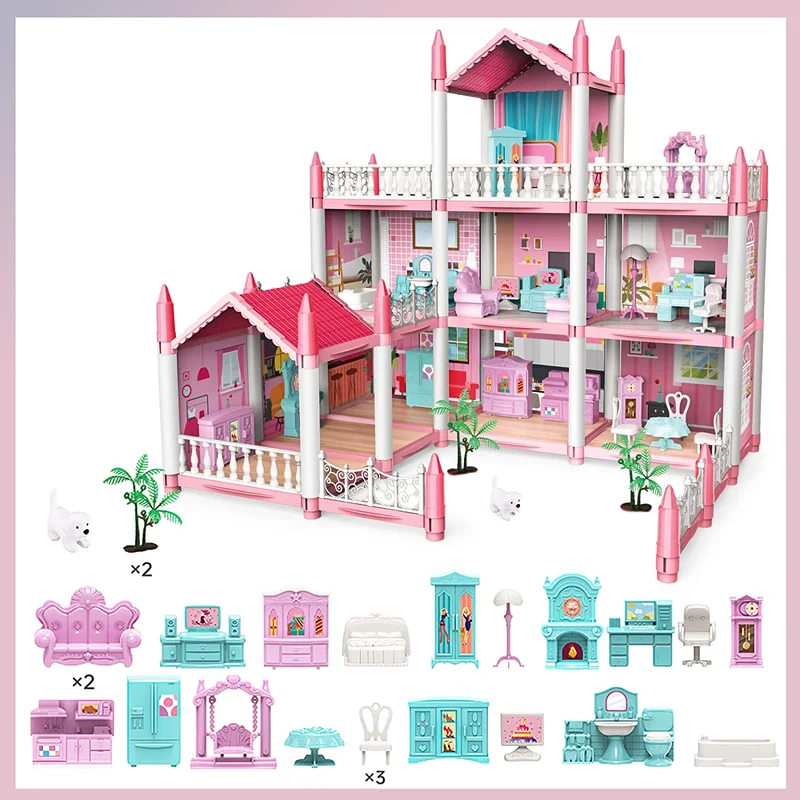 Casa delle bambole per bambini, 3 piani, 9 stanze, rosa, giochi di finzione fai-da-te per costruire set di giocattoli assemblati, accessori e mobili per la casa dei giocattoli, regali di compleanno, Halloween/Giorno del Ringraziamento/Regalo di Natale