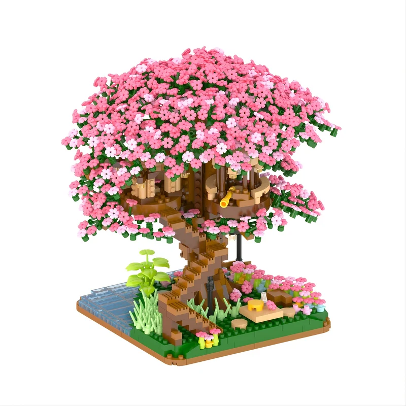 Set di blocchi di costruzione per la casa sull'albero con fiori di ciliegio rosa aggiornati, regalo di Halloween/Giorno del Ringraziamento/Natale
