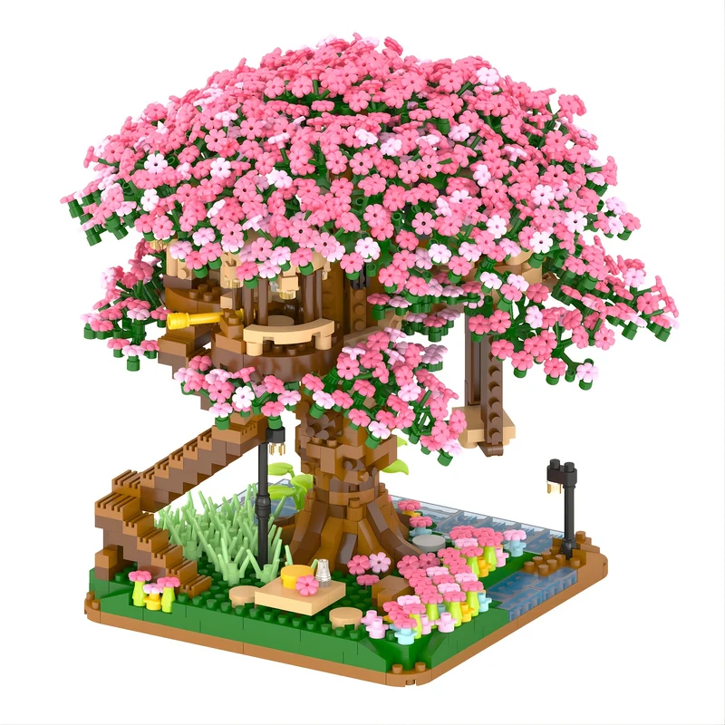 Set di blocchi di costruzione per la casa sull'albero con fiori di ciliegio rosa aggiornati, regalo di Halloween/Giorno del Ringraziamento/Natale