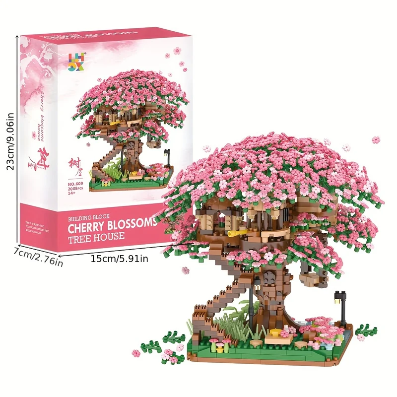 Set di blocchi di costruzione per la casa sull'albero con fiori di ciliegio rosa aggiornati, regalo di Halloween/Giorno del Ringraziamento/Natale