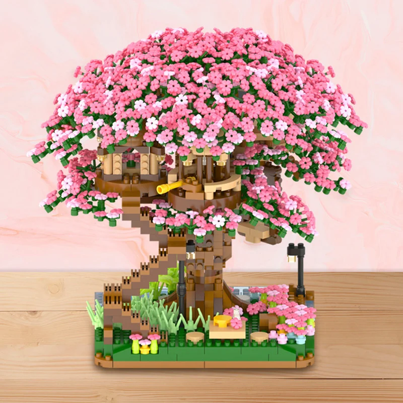 Set di blocchi di costruzione per la casa sull'albero con fiori di ciliegio rosa aggiornati, regalo di Halloween/Giorno del Ringraziamento/Natale