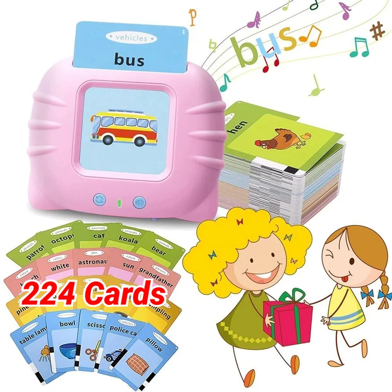 Tablet educativo con gatti dei cartoni animati da 224 carte: parole inglesi per l'apprendimento della lettura di flashcard per bambini con cavo di ricarica USB, regalo di Halloween, Natale e Giorno del Ringraziamento