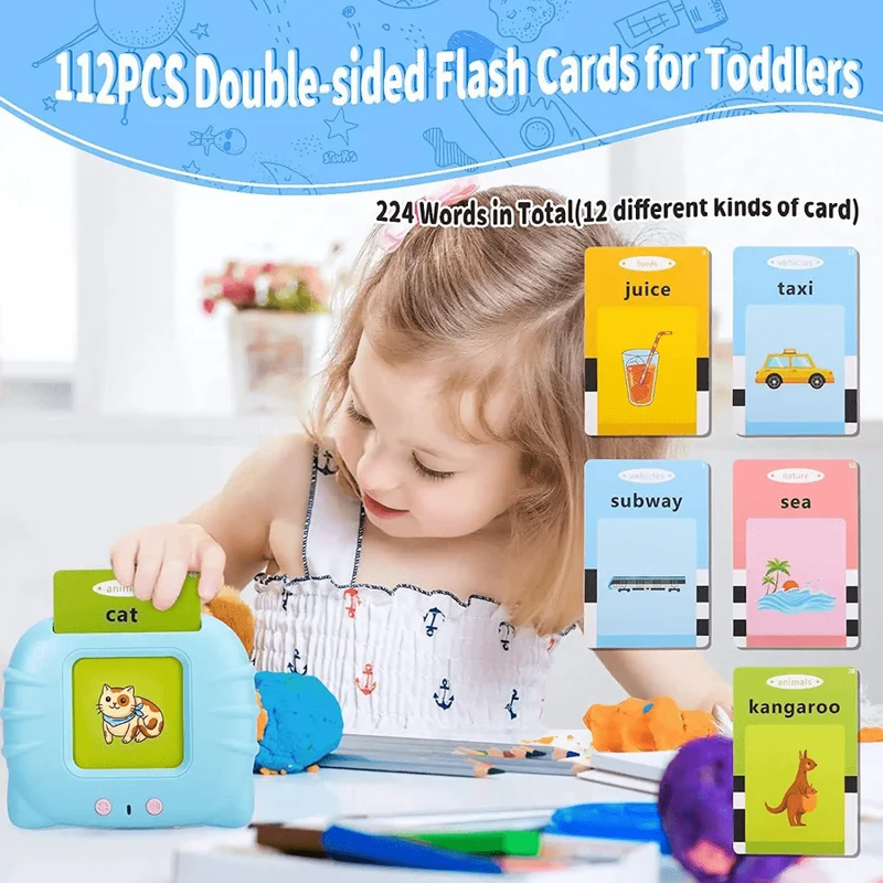 Tablet educativo con gatti dei cartoni animati da 224 carte: parole inglesi per l'apprendimento della lettura di flashcard per bambini con cavo di ricarica USB, regalo di Halloween, Natale e Giorno del Ringraziamento