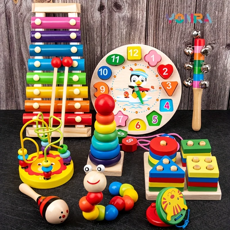 9 In 1 Giocattoli Montessori In Legno, Set Di Campanelli A Sonagli A Sfera, Tamburo A Colonna, Strumenti Musicali, Educazione Dell'Infanzia, Giocattoli Per Bambini, Regalo Di Natale