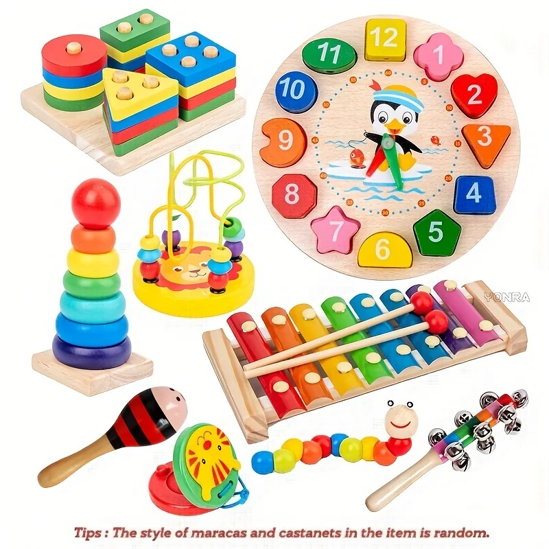 9 In 1 Giocattoli Montessori In Legno, Set Di Campanelli A Sonagli A Sfera, Tamburo A Colonna, Strumenti Musicali, Educazione Dell'Infanzia, Giocattoli Per Bambini, Regalo Di Natale