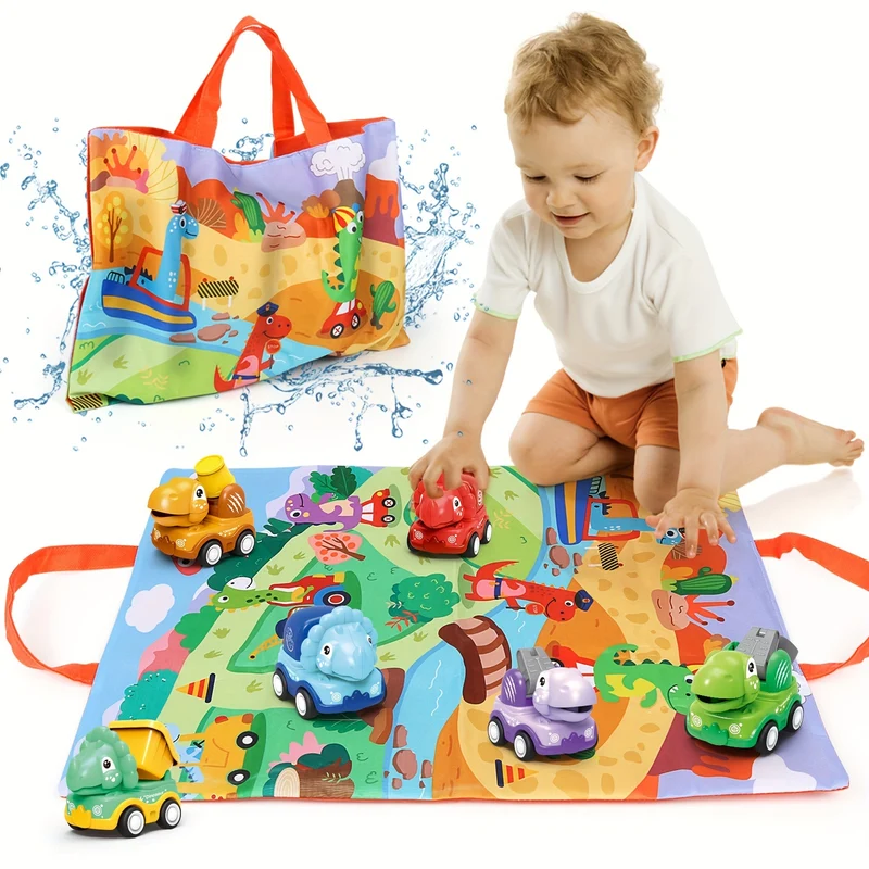 Auto Dinosauro Per Ragazzi Di 2 Anni, Camion Dino Tirare Indietro Con Borsa Di Stoccaggio Per Tappetino Da Gioco, 6 Pezzi Veicoli Da Costruzione Ad Attrito Per Bambini, Regalo Di Compleanno Per Bambini Dino Camion Per Neonata Età 1-3