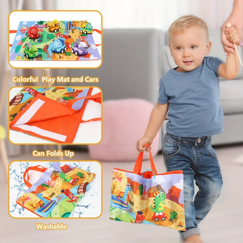 Auto Dinosauro Per Ragazzi Di 2 Anni, Camion Dino Tirare Indietro Con Borsa Di Stoccaggio Per Tappetino Da Gioco, 6 Pezzi Veicoli Da Costruzione Ad Attrito Per Bambini, Regalo Di Compleanno Per Bambini Dino Camion Per Neonata Età 1-3