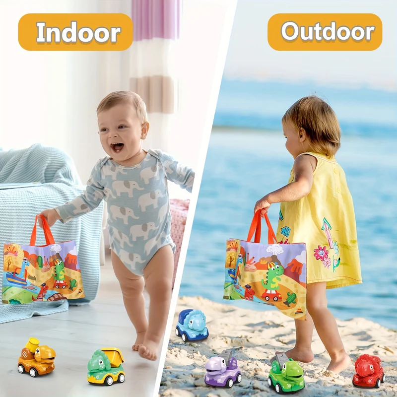 Auto Dinosauro Per Ragazzi Di 2 Anni, Camion Dino Tirare Indietro Con Borsa Di Stoccaggio Per Tappetino Da Gioco, 6 Pezzi Veicoli Da Costruzione Ad Attrito Per Bambini, Regalo Di Compleanno Per Bambini Dino Camion Per Neonata Età 1-3
