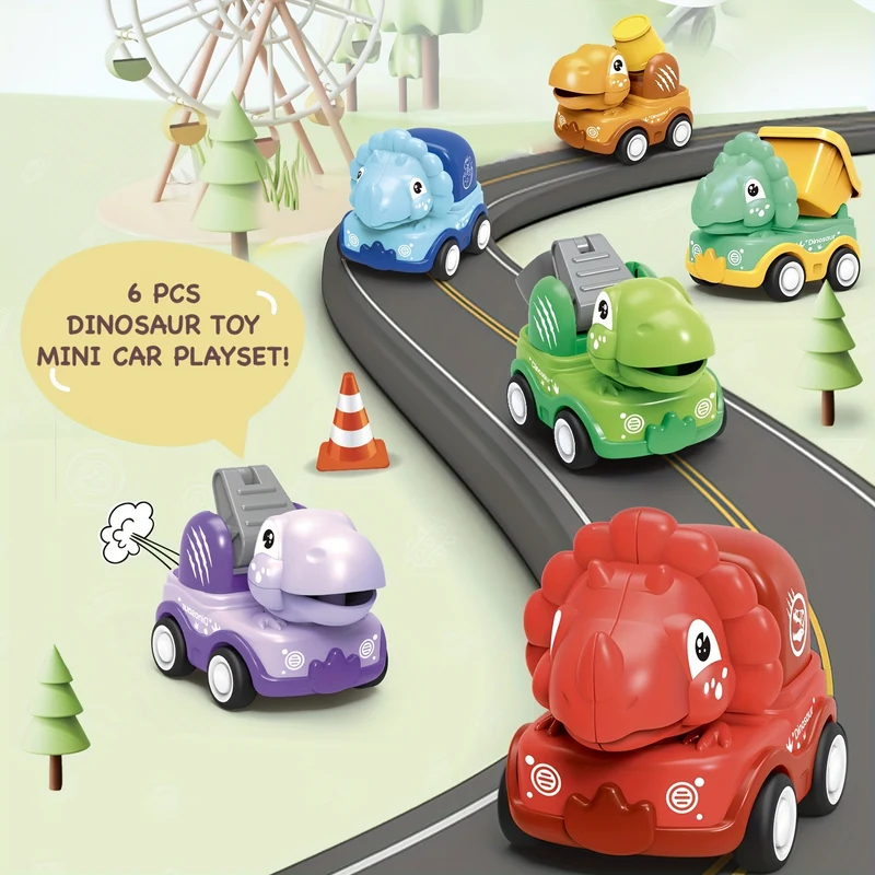 Auto Dinosauro Per Ragazzi Di 2 Anni, Camion Dino Tirare Indietro Con Borsa Di Stoccaggio Per Tappetino Da Gioco, 6 Pezzi Veicoli Da Costruzione Ad Attrito Per Bambini, Regalo Di Compleanno Per Bambini Dino Camion Per Neonata Età 1-3