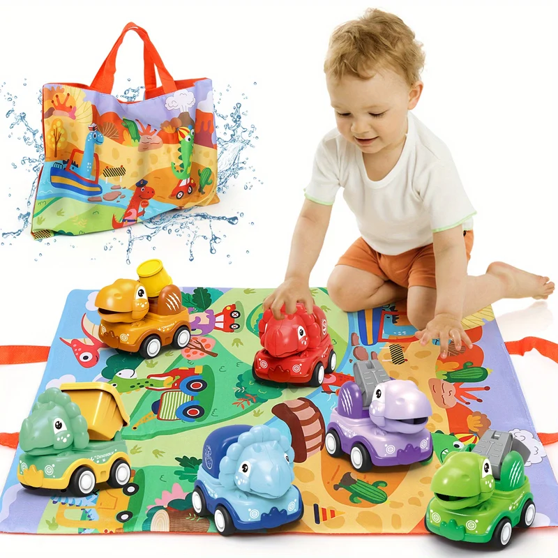 Auto Dinosauro Per Ragazzi Di 2 Anni, Camion Dino Tirare Indietro Con Borsa Di Stoccaggio Per Tappetino Da Gioco, 6 Pezzi Veicoli Da Costruzione Ad Attrito Per Bambini, Regalo Di Compleanno Per Bambini Dino Camion Per Neonata Età 1-3