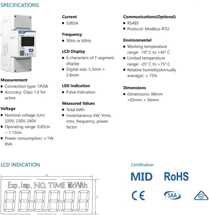 Contatore Energia Monofase Chint DDSU666 RS485 per Fotovoltaico e Zero Export