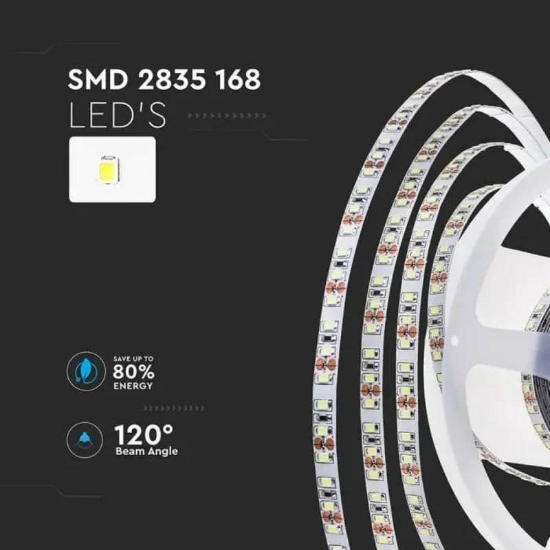 5MT SKU 212597 VT-2835 168 V-TAC Strip LED SMD2835 12W/m 168 LED/m 140LM/W 24V 4000K IP20 10mm