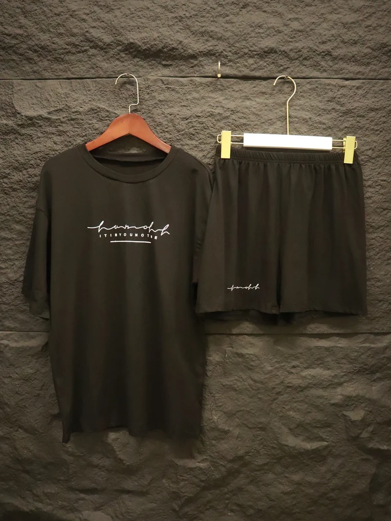 Set Da Due Pezzi Con Stampa Casual A Lettere, Completo Con Maglietta A Maniche Corte Con Scollo Rotondo, E Pantaloncini A Vita Alta, Abbigliamento Femminile