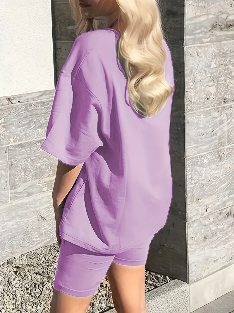 Set Da Due Pezzi Con Stampa Casual A Lettere, Completo Con Maglietta A Maniche Corte Con Scollo Rotondo, E Pantaloncini A Vita Alta, Abbigliamento Femminile