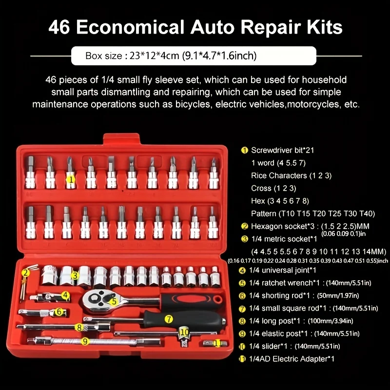 46 pz. Kit di strumenti di riparazione auto, cricchetto chiave dinamometrica cacciavite set di strumenti combo Kit di riparazione auto bicicletta strumento meccanico set di strumenti