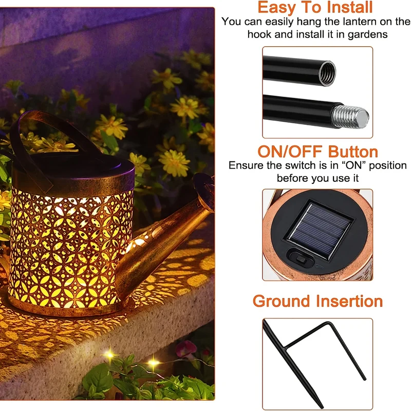 1 pz. Annaffiatoio con luce, lanterne solari da appendere all'aperto, luci solari decorative per il giardino, luci solari retrò in metallo per il giardino, decorazioni per il prato e il patio.