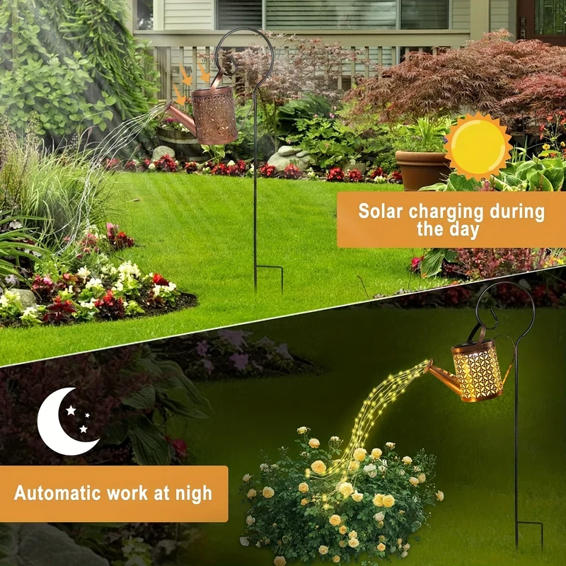 1 pz. Annaffiatoio con luce, lanterne solari da appendere all'aperto, luci solari decorative per il giardino, luci solari retrò in metallo per il giardino, decorazioni per il prato e il patio.