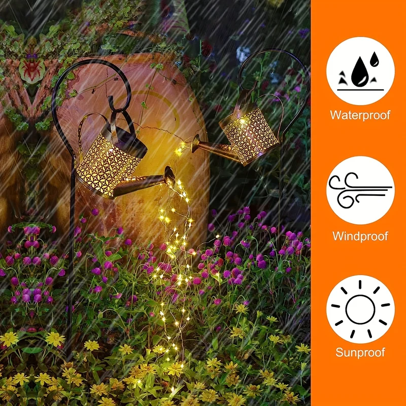 1 pz. Annaffiatoio con luce, lanterne solari da appendere all'aperto, luci solari decorative per il giardino, luci solari retrò in metallo per il giardino, decorazioni per il prato e il patio.