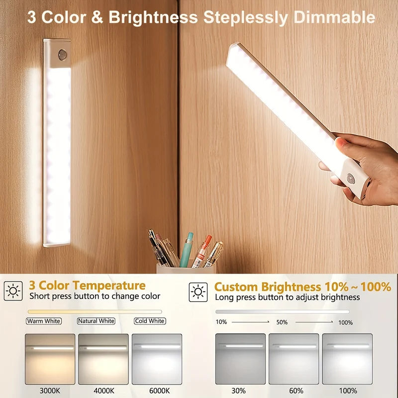 1 Luce LED Per Armadio Con Sensore Di Movimento, Illuminazione Sottobanco, Luci Notturne Da Cucina Ricaricabili Magnetiche USB Senza Fili, Luce Alimentata A Batteria Per Armadi Guardaroba, Armadio, Scale, Corridoio, Mensola, 9,91 Cm O 20,07 Cm