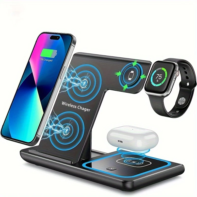 3 In 1 Stazione Di Ricarica Veloce, Supporto Caricabatterie Wireless Pieghevole Per IPhone 14,13,12,11/Pro/Max/Mini/Plus, X, XR, XS/Max, SE, 8/Plus, Per IWatch 1-8, Per Airpods 3/2/Pro