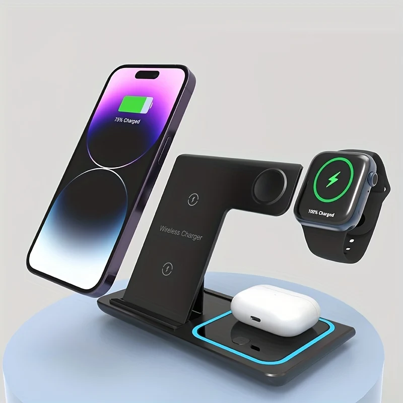 3 In 1 Stazione Di Ricarica Veloce, Supporto Caricabatterie Wireless Pieghevole Per IPhone 14,13,12,11/Pro/Max/Mini/Plus, X, XR, XS/Max, SE, 8/Plus, Per IWatch 1-8, Per Airpods 3/2/Pro