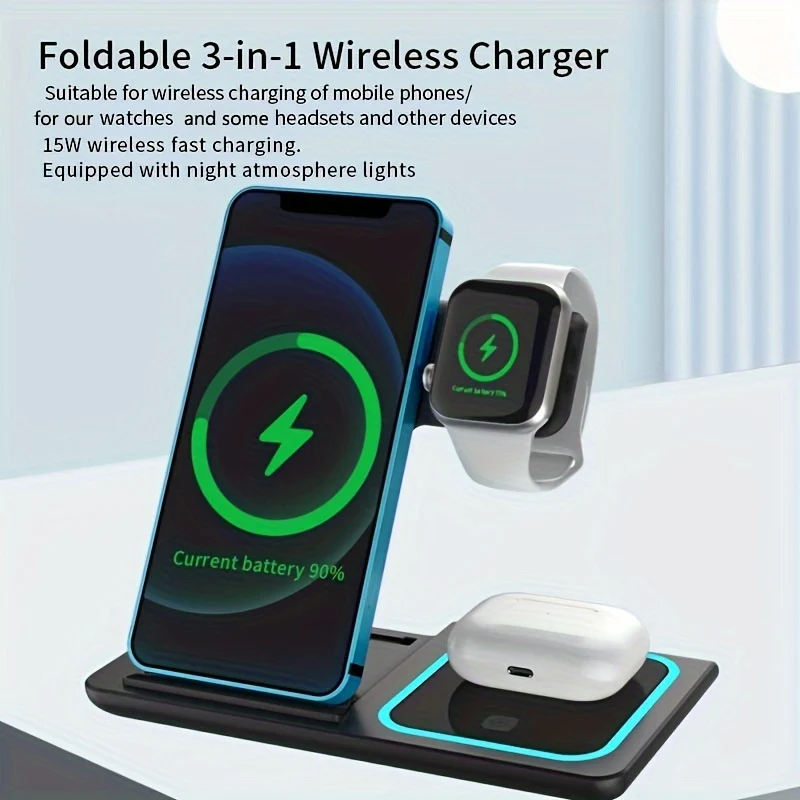 3 In 1 Stazione Di Ricarica Veloce, Supporto Caricabatterie Wireless Pieghevole Per IPhone 14,13,12,11/Pro/Max/Mini/Plus, X, XR, XS/Max, SE, 8/Plus, Per IWatch 1-8, Per Airpods 3/2/Pro