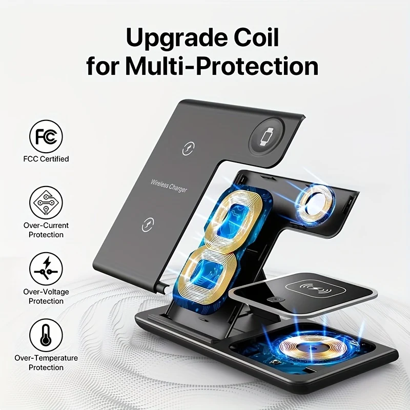 3 In 1 Stazione Di Ricarica Veloce, Supporto Caricabatterie Wireless Pieghevole Per IPhone 14,13,12,11/Pro/Max/Mini/Plus, X, XR, XS/Max, SE, 8/Plus, Per IWatch 1-8, Per Airpods 3/2/Pro