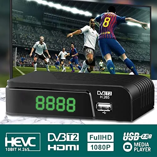Decoder DVB-T2 Digitale Terrestre 2023 Full HD 1080P Dolby Audio H.265 HEVC Main 10 Bit Riceve Tutti I Canali Gratuiti, Mini Scart Supporta Sistema Nuovo[Includere 2in1 telecomando universale]