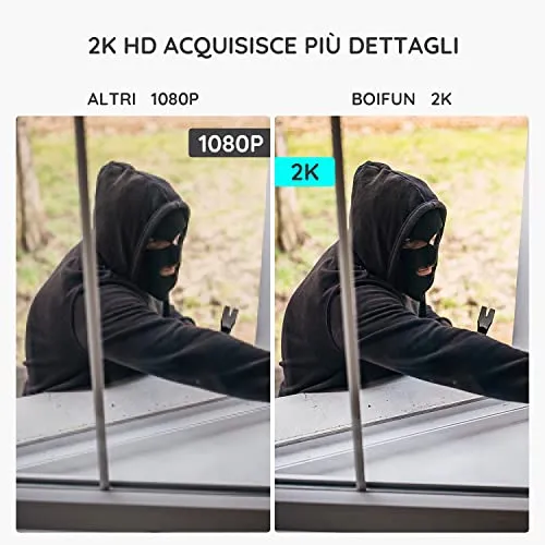 BOIFUN 2K Telecamera Wi-Fi Senza Fili da Esterno, Sicurezza Sorveglianza con Batteria, Rilevamento del Movimento Umano, Visione Notturna a Colori, Allarme Suono e Luce, Area Di Allarme Personalizzata