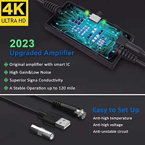 Antenna HDTV Interna, Antenna TV Digitale120 Miglia Gamma con Amplificatore Segnale per 4K 1080p VHF UHF DVB-T/DVB-T 2 Canali Gratuiti