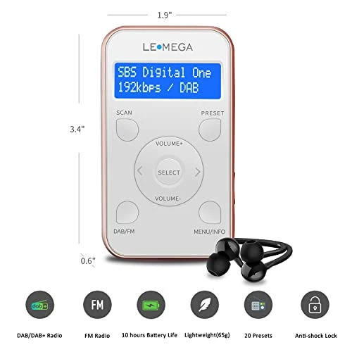 LEMEGA PR1 Pocket DAB/DAB+/FM Radio, Radio portatile dal design sportivo con auricolare, batteria ricaricabile, 20 stazioni preimpostate, orologio, allarme, display LCD. - Champagne
