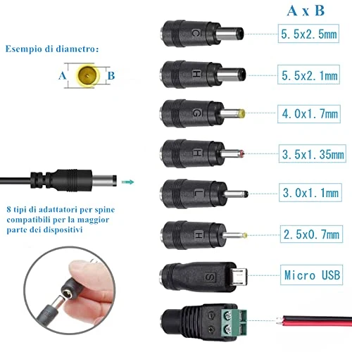 Alimentatore AC 12V 2A Alimentatore AC220V da 230V a DC12V con 8 adattatori per spina Caricabatteria DC12V 500mA 1000mA 1500mA 2000mA Adattatore AC-DC (DC12V-2A)