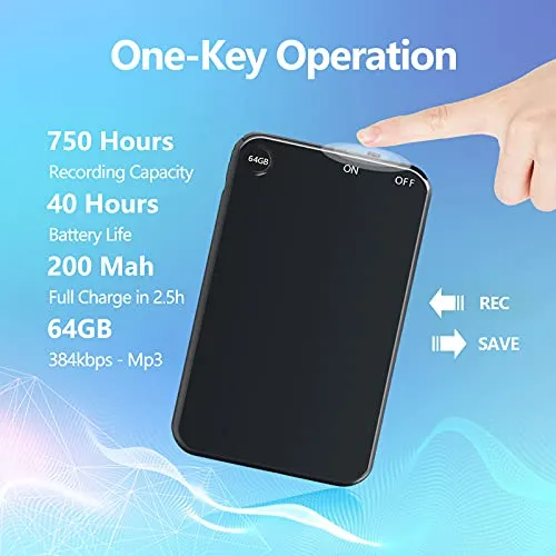 64GB Registratore Vocale Portatile, Telefo Registratore Audio Digitale Professionale Con Attivazione Vocale e Durata Della Batteria di 50 Ore, Mini Registratore per Lezioni Riunioni