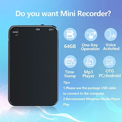 64GB Registratore Vocale Portatile, Telefo Registratore Audio Digitale Professionale Con Attivazione Vocale e Durata Della Batteria di 50 Ore, Mini Registratore per Lezioni Riunioni