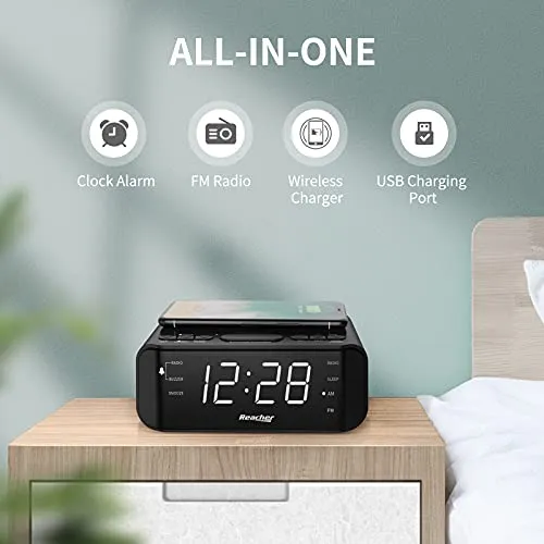 Reacher Radiosveglia digitale con Ricarica Senza fili-porta USB,Grande Display LED Regolabile,Timer per il sonno,2 suoni di Sveglia,Volume Regolabile,12/24H,Orologio FM moderno per camere da letto