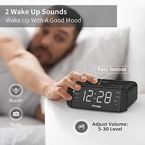 Reacher Radiosveglia digitale con Ricarica Senza fili-porta USB,Grande Display LED Regolabile,Timer per il sonno,2 suoni di Sveglia,Volume Regolabile,12/24H,Orologio FM moderno per camere da letto