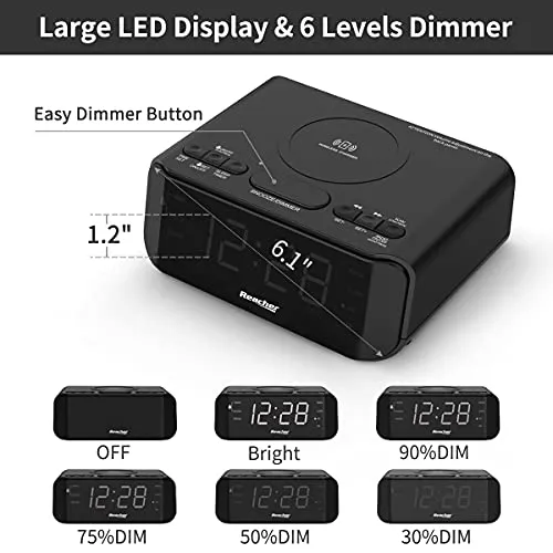Reacher Radiosveglia digitale con Ricarica Senza fili-porta USB,Grande Display LED Regolabile,Timer per il sonno,2 suoni di Sveglia,Volume Regolabile,12/24H,Orologio FM moderno per camere da letto