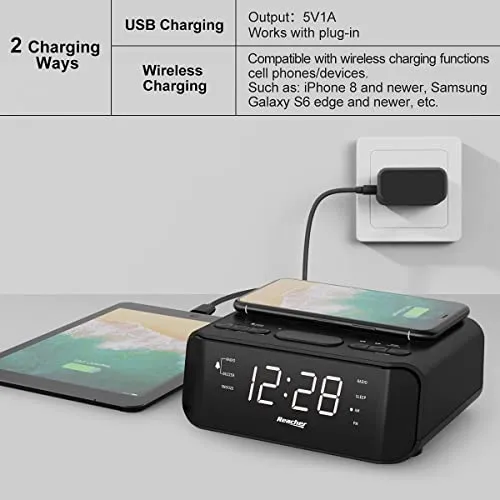 Reacher Radiosveglia digitale con Ricarica Senza fili-porta USB,Grande Display LED Regolabile,Timer per il sonno,2 suoni di Sveglia,Volume Regolabile,12/24H,Orologio FM moderno per camere da letto