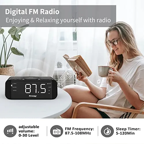 Reacher Radiosveglia digitale con Ricarica Senza fili-porta USB,Grande Display LED Regolabile,Timer per il sonno,2 suoni di Sveglia,Volume Regolabile,12/24H,Orologio FM moderno per camere da letto
