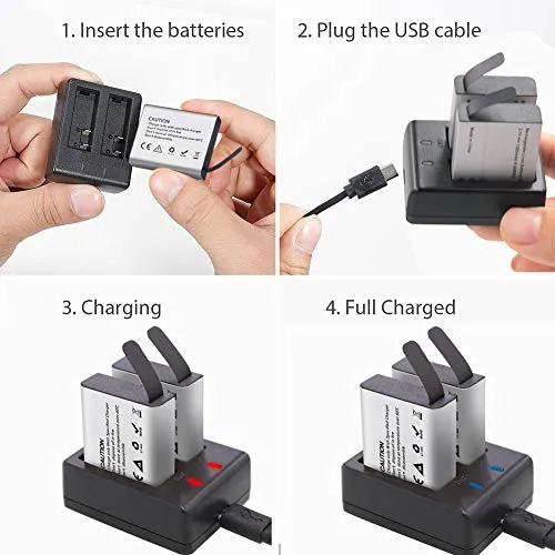 Action Camera Batteria, 3.7V 1350mAh 4.995Wh ricaricabile Batterie (2 pezzi) con doppio caricatore, compatibile con AKASO EK7000/Dragon Touch/EKEN/Crosstour/Campark/APEMAN/Victure/SJ4000/PG1050