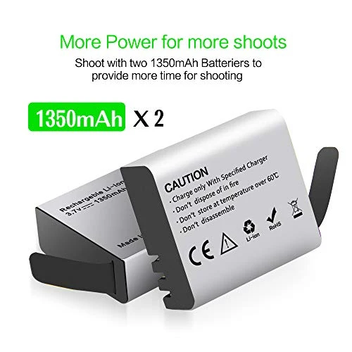 Action Camera Batteria, 3.7V 1350mAh 4.995Wh ricaricabile Batterie (2 pezzi) con doppio caricatore, compatibile con AKASO EK7000/Dragon Touch/EKEN/Crosstour/Campark/APEMAN/Victure/SJ4000/PG1050