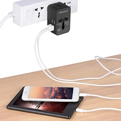 Adattatore da Viaggio, Amoner Adattatore da Viaggio Universale con 2 Porte Caricabatterie USB Adatto per più di 180 paesi (Nero)