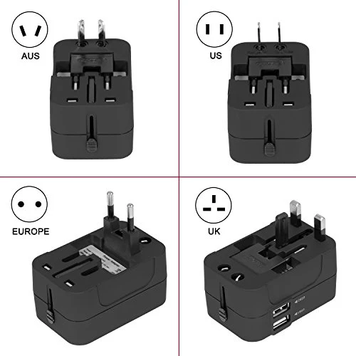 Adattatore da Viaggio, Amoner Adattatore da Viaggio Universale con 2 Porte Caricabatterie USB Adatto per più di 180 paesi (Nero)