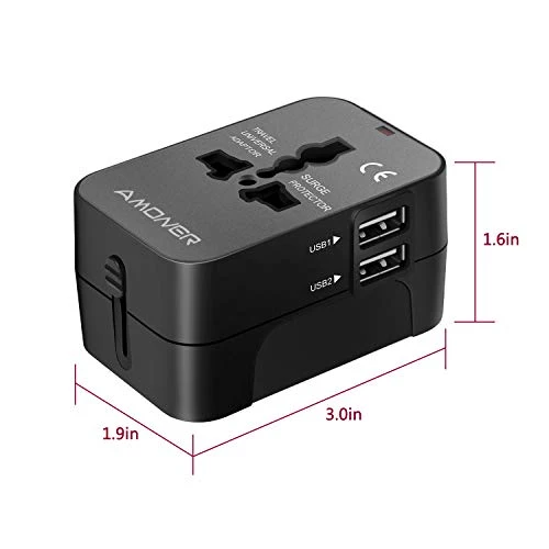 Adattatore da Viaggio, Amoner Adattatore da Viaggio Universale con 2 Porte Caricabatterie USB Adatto per più di 180 paesi (Nero)