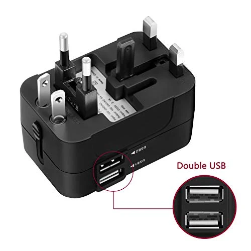 Adattatore da Viaggio, Amoner Adattatore da Viaggio Universale con 2 Porte Caricabatterie USB Adatto per più di 180 paesi (Nero)