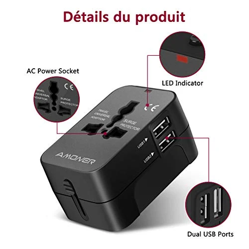 Adattatore da Viaggio, Amoner Adattatore da Viaggio Universale con 2 Porte Caricabatterie USB Adatto per più di 180 paesi (Nero)