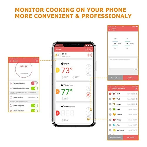 INKBIRD IBT-2X Bluetooth Termometro Digitale Barbecue Termometro e Timer, Termometro Cucina con Sonda di Temperatura per Carne Grigliate BBQ Fumatore Forno di Cottura 2 Sensori