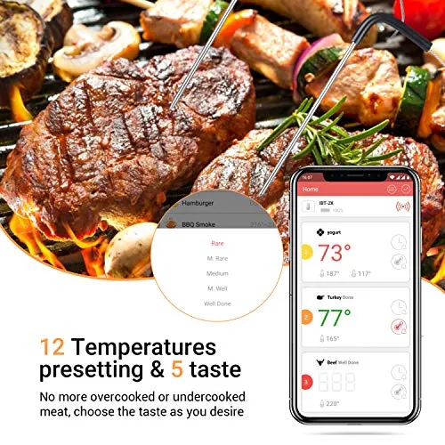 INKBIRD IBT-2X Bluetooth Termometro Digitale Barbecue Termometro e Timer, Termometro Cucina con Sonda di Temperatura per Carne Grigliate BBQ Fumatore Forno di Cottura 2 Sensori